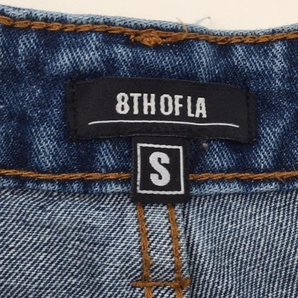 8th of LA High Waisted Jean Denim Shorts Distresse Stripe Trim Ribbon Raw Hem Sm - Picture 8 of 10